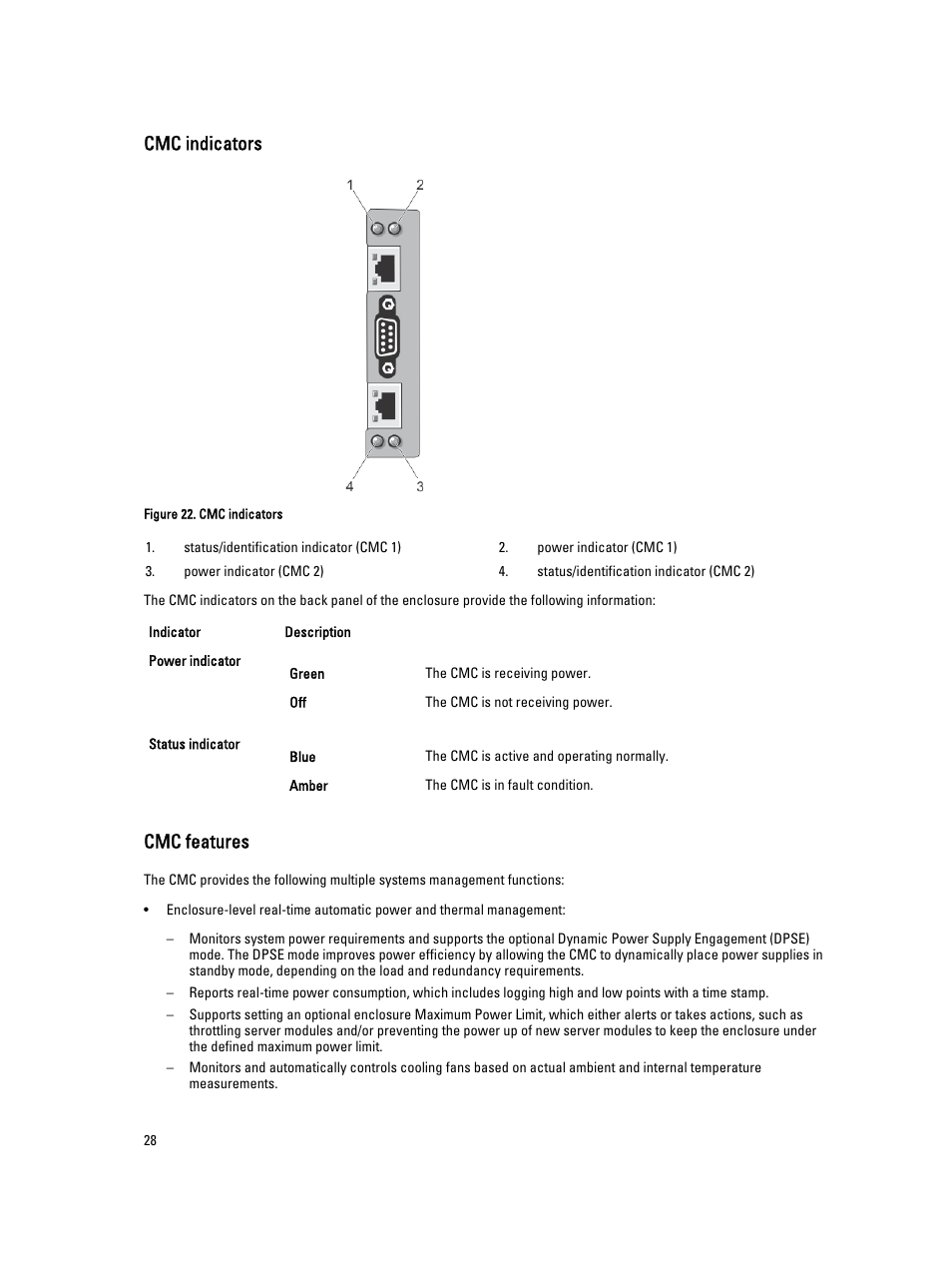 Cmc indicators, Cmc features | Dell PowerEdge VRTX User Manual | Page 28 / 150