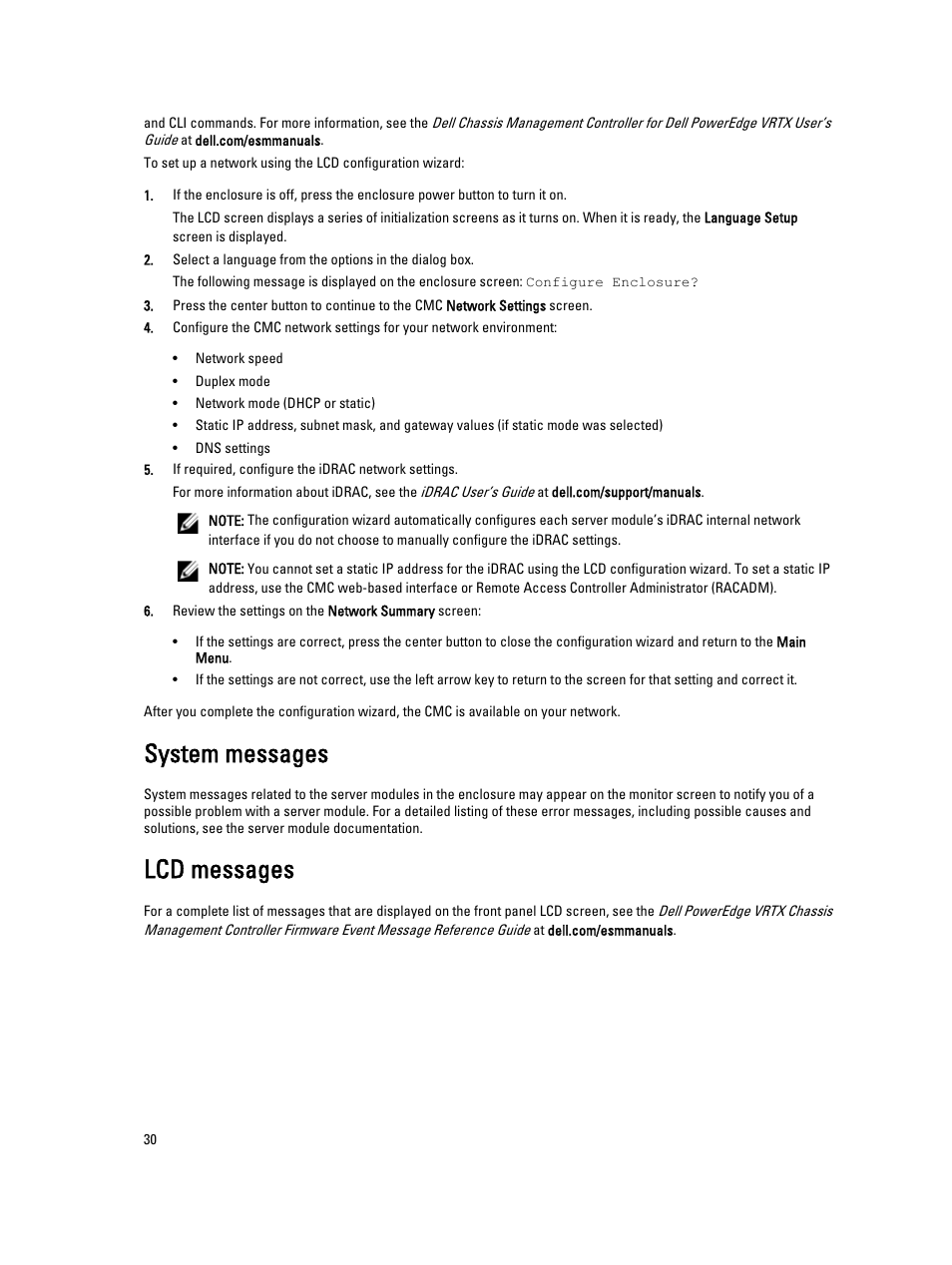 System messages, Lcd messages | Dell PowerEdge VRTX User Manual | Page 30 / 150