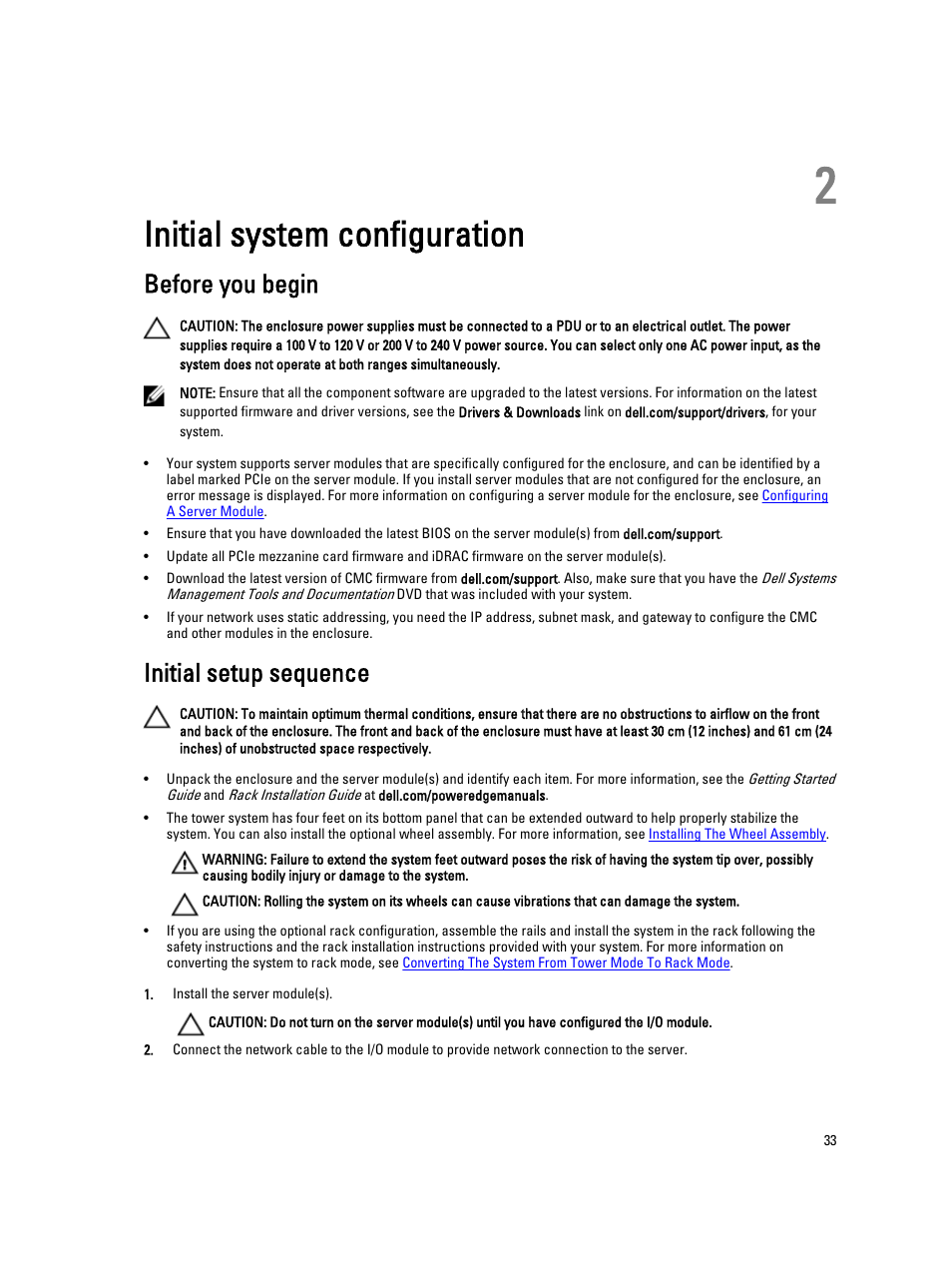 Initial system configuration, Before you begin, Initial setup sequence | 2 initial system configuration | Dell PowerEdge VRTX User Manual | Page 33 / 150