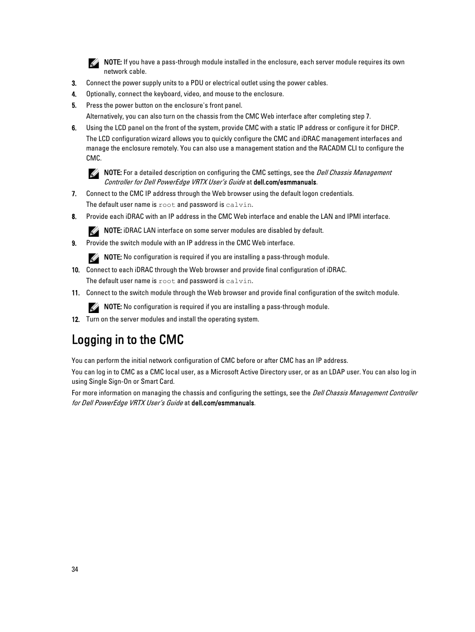 Logging in to the cmc | Dell PowerEdge VRTX User Manual | Page 34 / 150