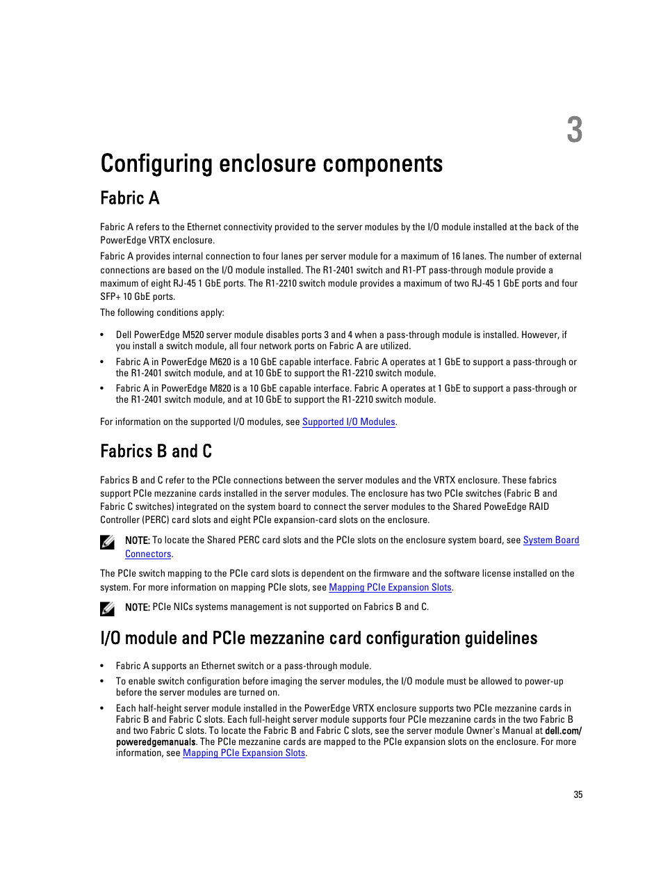 Configuring enclosure components, Fabric a, Fabrics b and c | 3 configuring enclosure components | Dell PowerEdge VRTX User Manual | Page 35 / 150