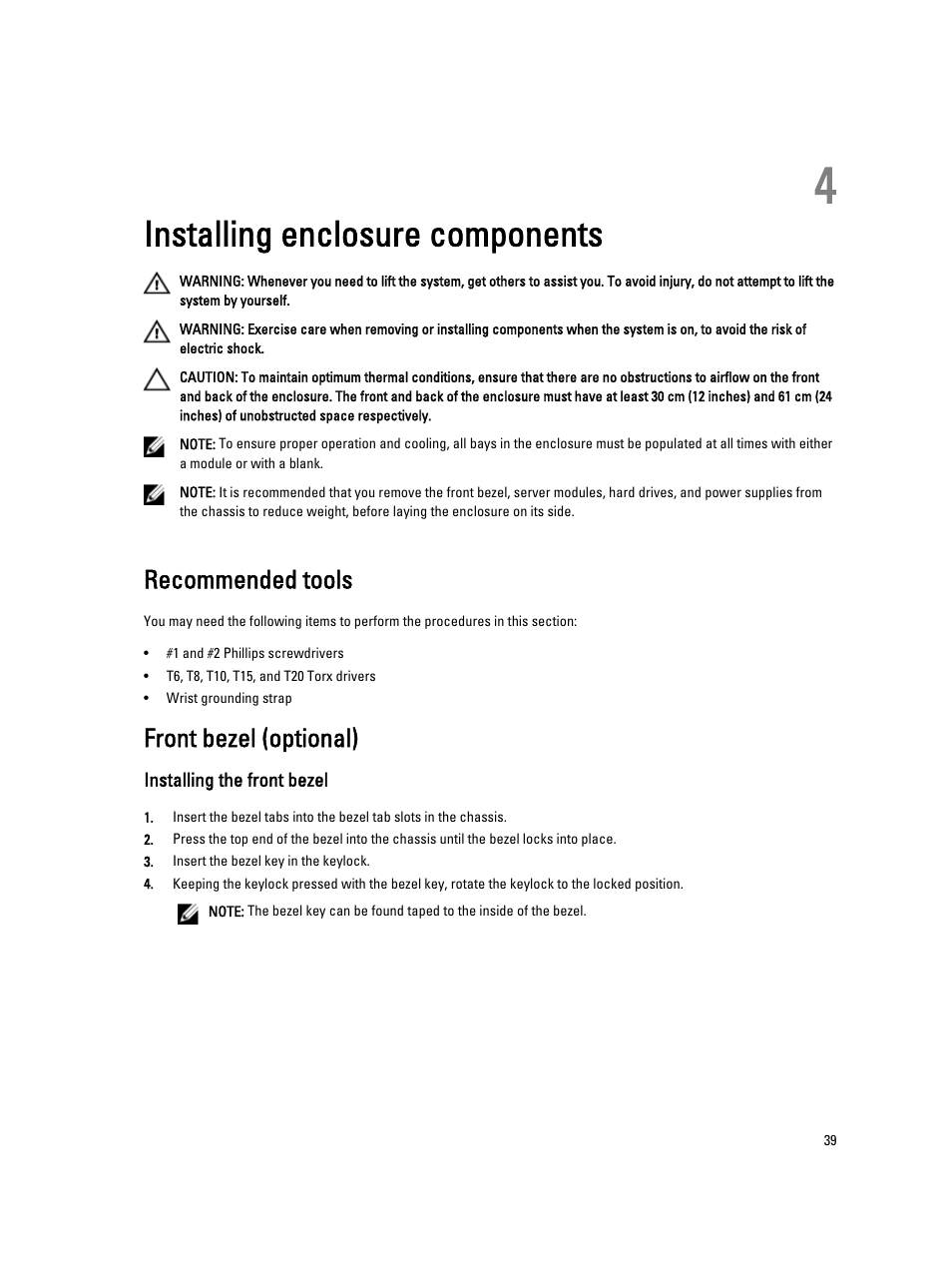 Installing enclosure components, Recommended tools, Front bezel (optional) | Installing the front bezel, 4 installing enclosure components | Dell PowerEdge VRTX User Manual | Page 39 / 150