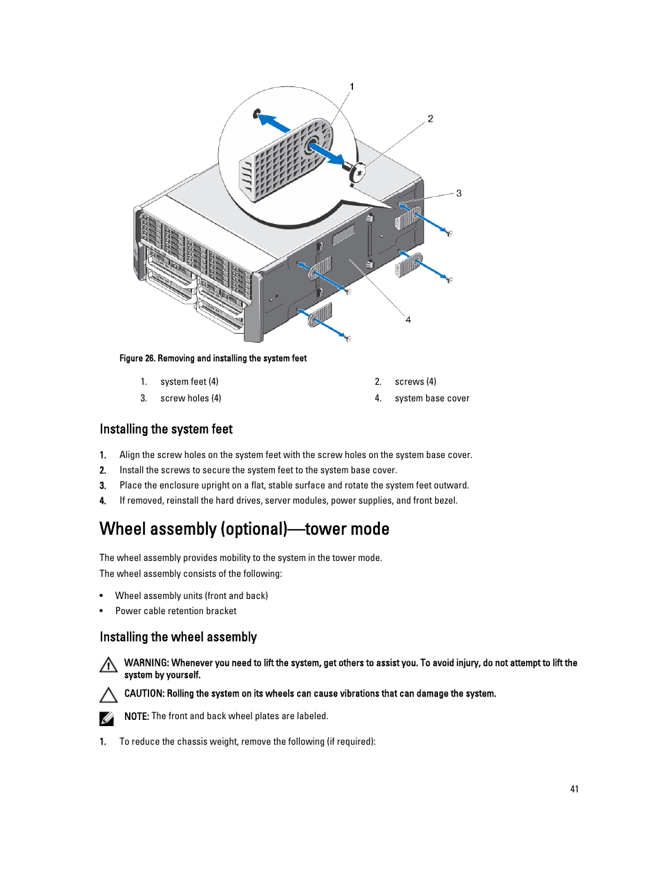 Installing the system feet, Wheel assembly (optional)—tower mode, Installing the wheel assembly | Dell PowerEdge VRTX User Manual | Page 41 / 150