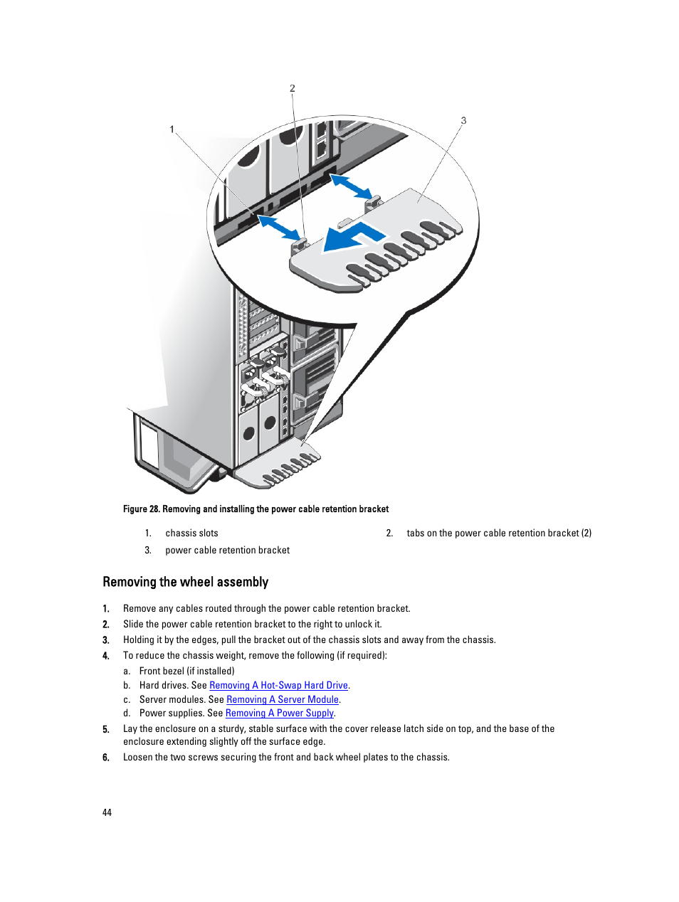 Removing the wheel assembly | Dell PowerEdge VRTX User Manual | Page 44 / 150