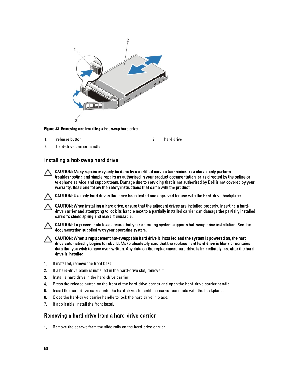 Installing a hot-swap hard drive, Removing a hard drive from a hard-drive carrier | Dell PowerEdge VRTX User Manual | Page 50 / 150