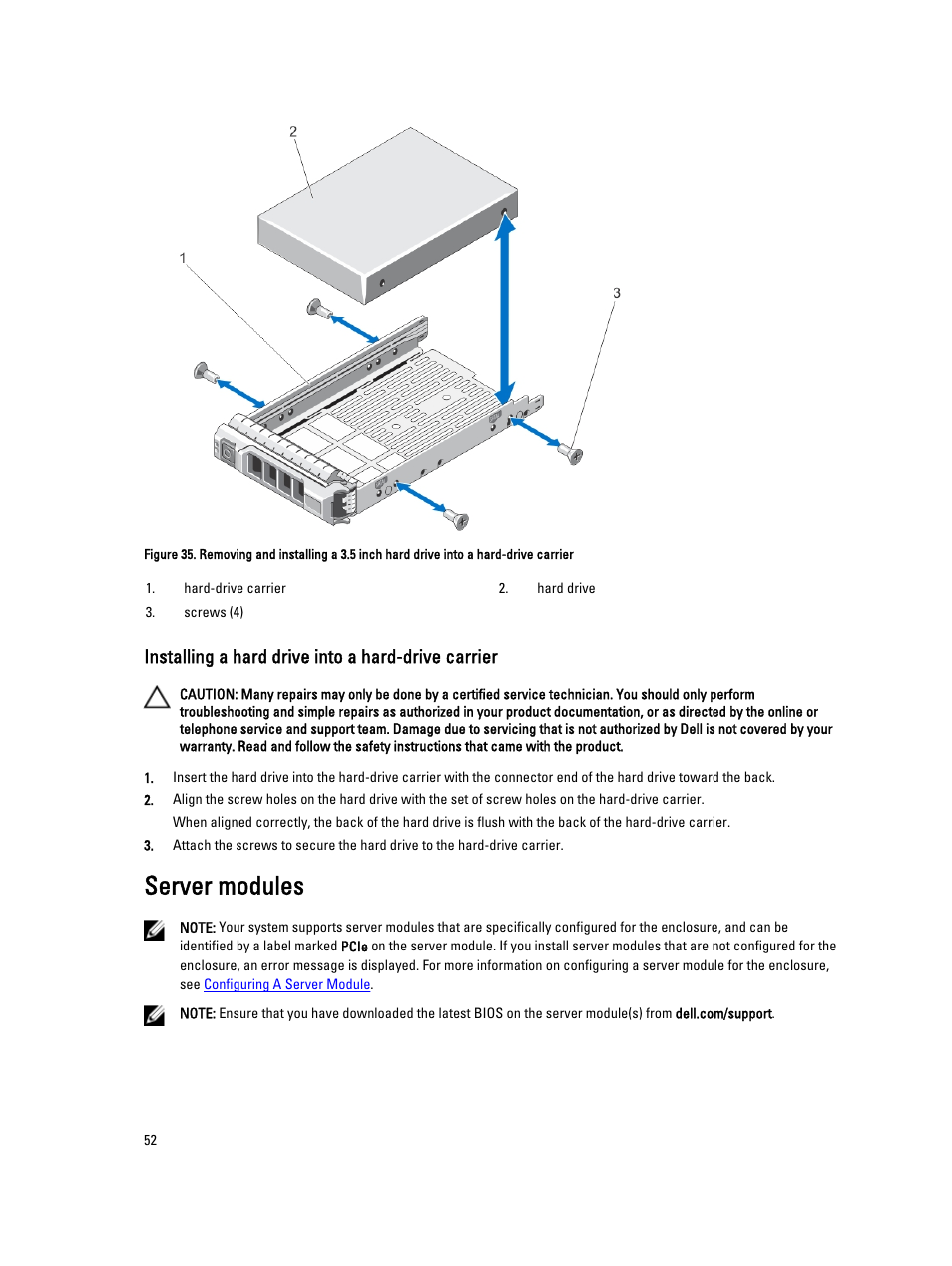 Installing a hard drive into a hard-drive carrier, Server modules | Dell PowerEdge VRTX User Manual | Page 52 / 150