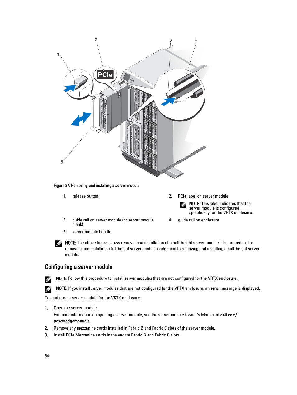 Configuring a server module, Configuring, A server module | Dell PowerEdge VRTX User Manual | Page 54 / 150