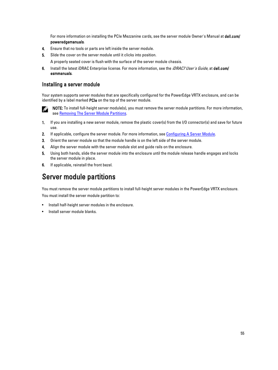 Installing a server module, Server module partitions | Dell PowerEdge VRTX User Manual | Page 55 / 150