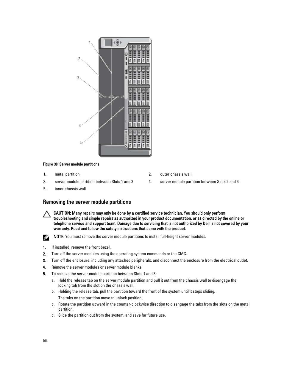 Removing the server module partitions | Dell PowerEdge VRTX User Manual | Page 56 / 150