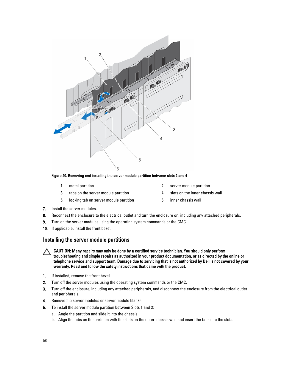 Installing the server module partitions | Dell PowerEdge VRTX User Manual | Page 58 / 150