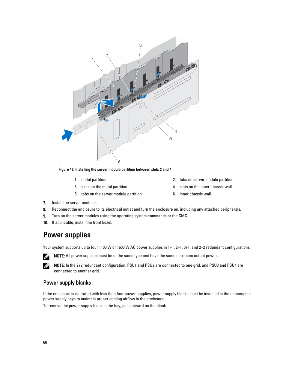 Power supplies, Power supply blanks | Dell PowerEdge VRTX User Manual | Page 60 / 150