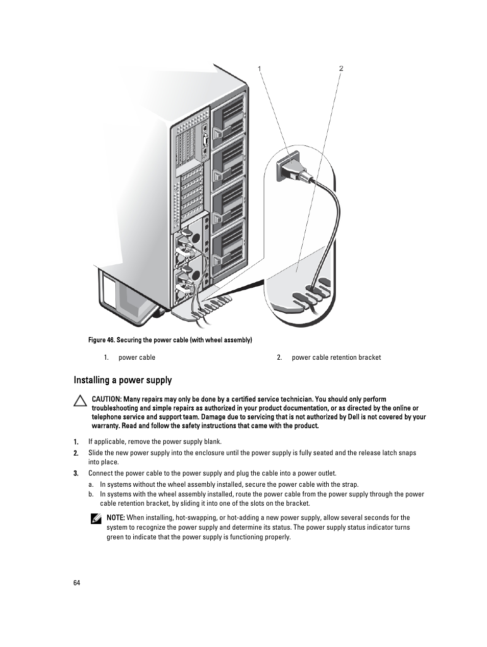 Installing a power supply | Dell PowerEdge VRTX User Manual | Page 64 / 150