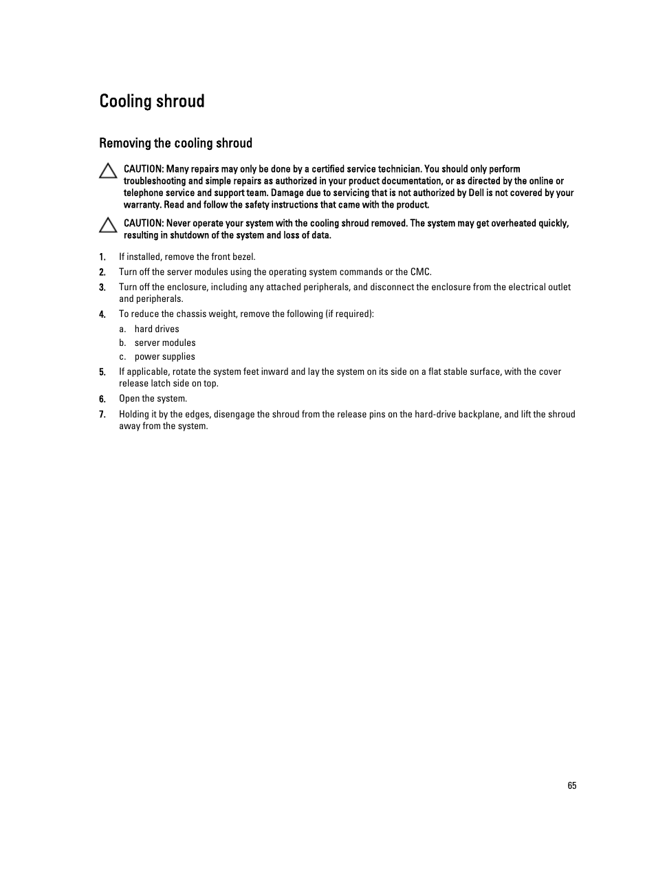 Cooling shroud, Removing the cooling shroud | Dell PowerEdge VRTX User Manual | Page 65 / 150