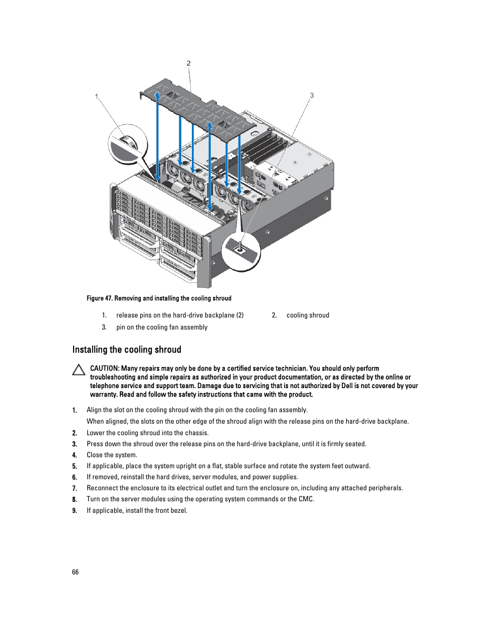 Installing the cooling shroud | Dell PowerEdge VRTX User Manual | Page 66 / 150