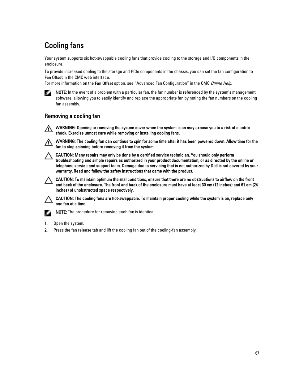 Cooling fans, Removing a cooling fan | Dell PowerEdge VRTX User Manual | Page 67 / 150