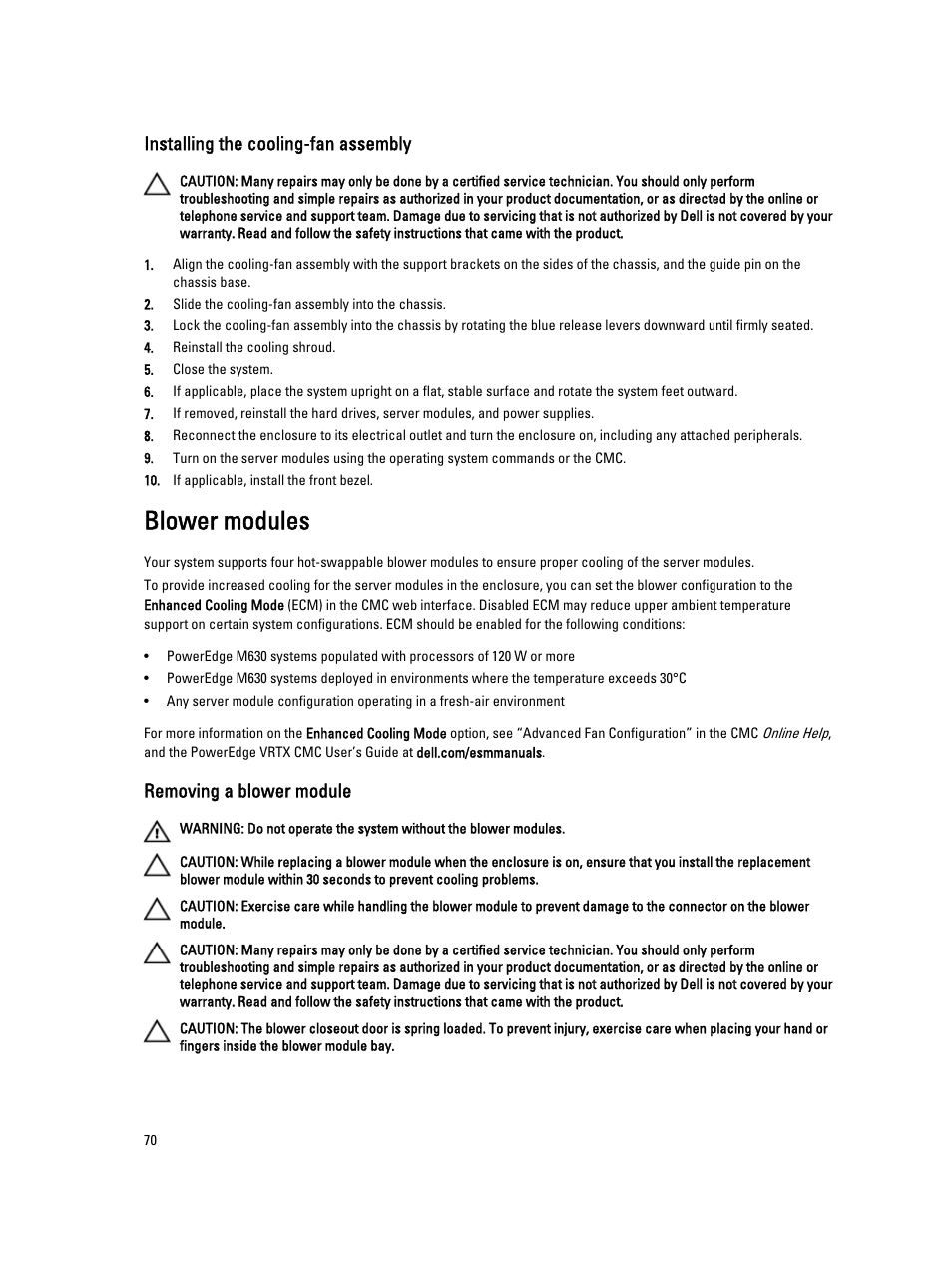 Installing the cooling-fan assembly, Blower modules, Removing a blower module | Dell PowerEdge VRTX User Manual | Page 70 / 150