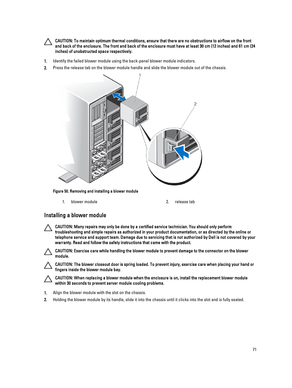 Installing a blower module | Dell PowerEdge VRTX User Manual | Page 71 / 150