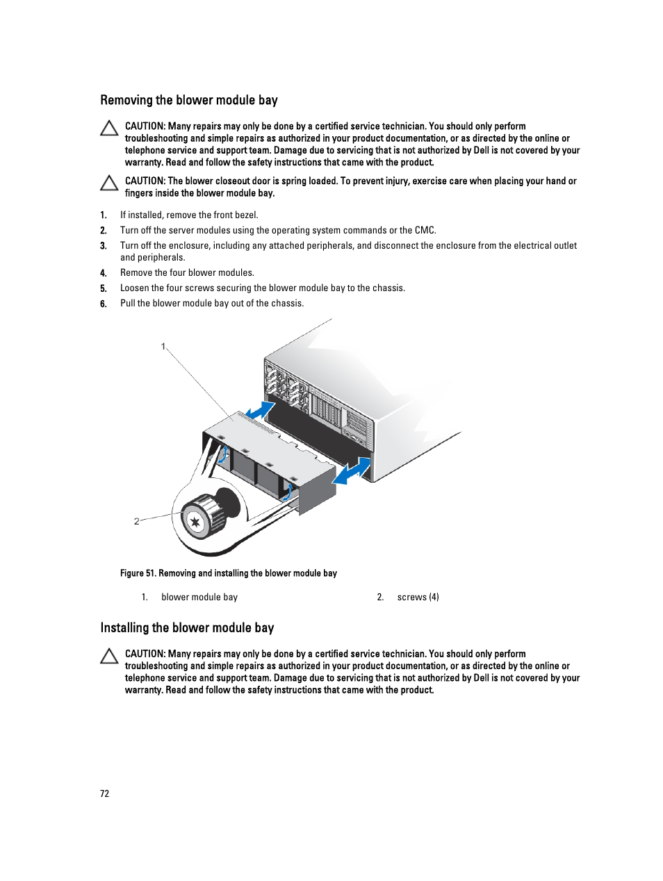 Removing the blower module bay, Installing the blower module bay | Dell PowerEdge VRTX User Manual | Page 72 / 150