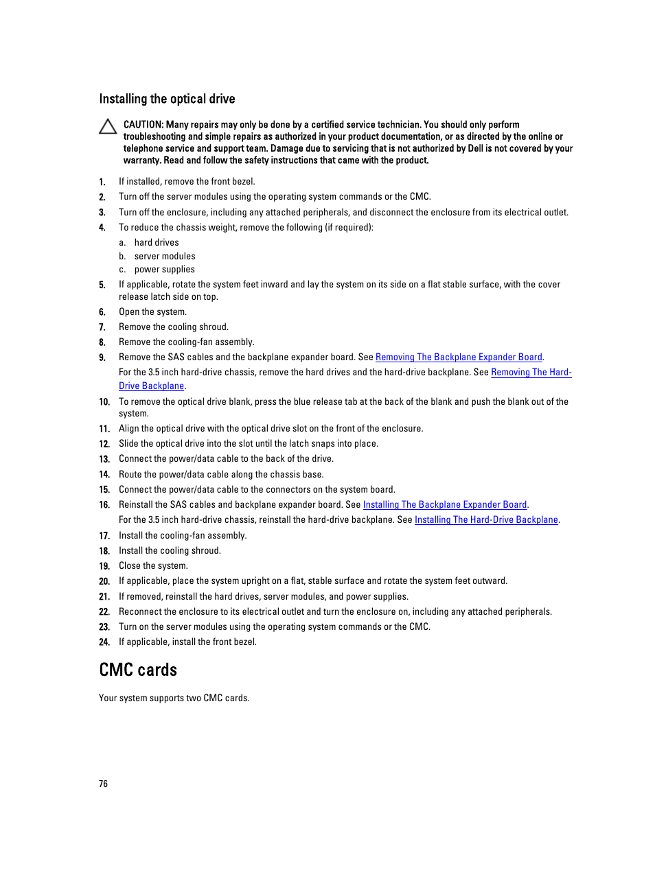 Installing the optical drive, Cmc cards | Dell PowerEdge VRTX User Manual | Page 76 / 150