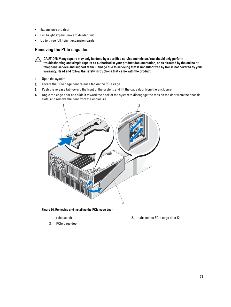 Removing the pcie cage door | Dell PowerEdge VRTX User Manual | Page 79 / 150