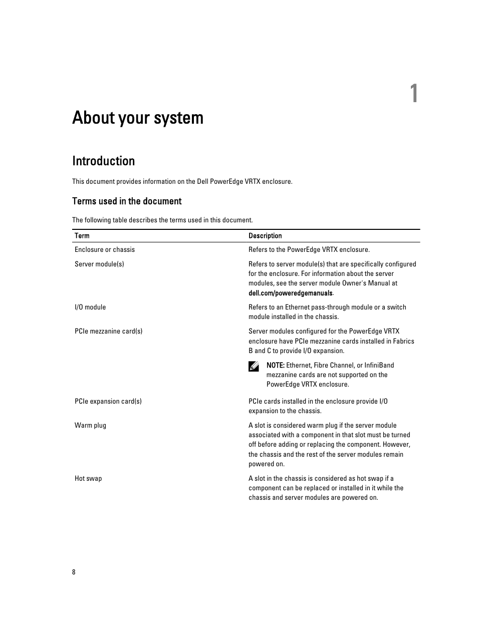 About your system, Introduction, Terms used in the document | 1 about your system | Dell PowerEdge VRTX User Manual | Page 8 / 150
