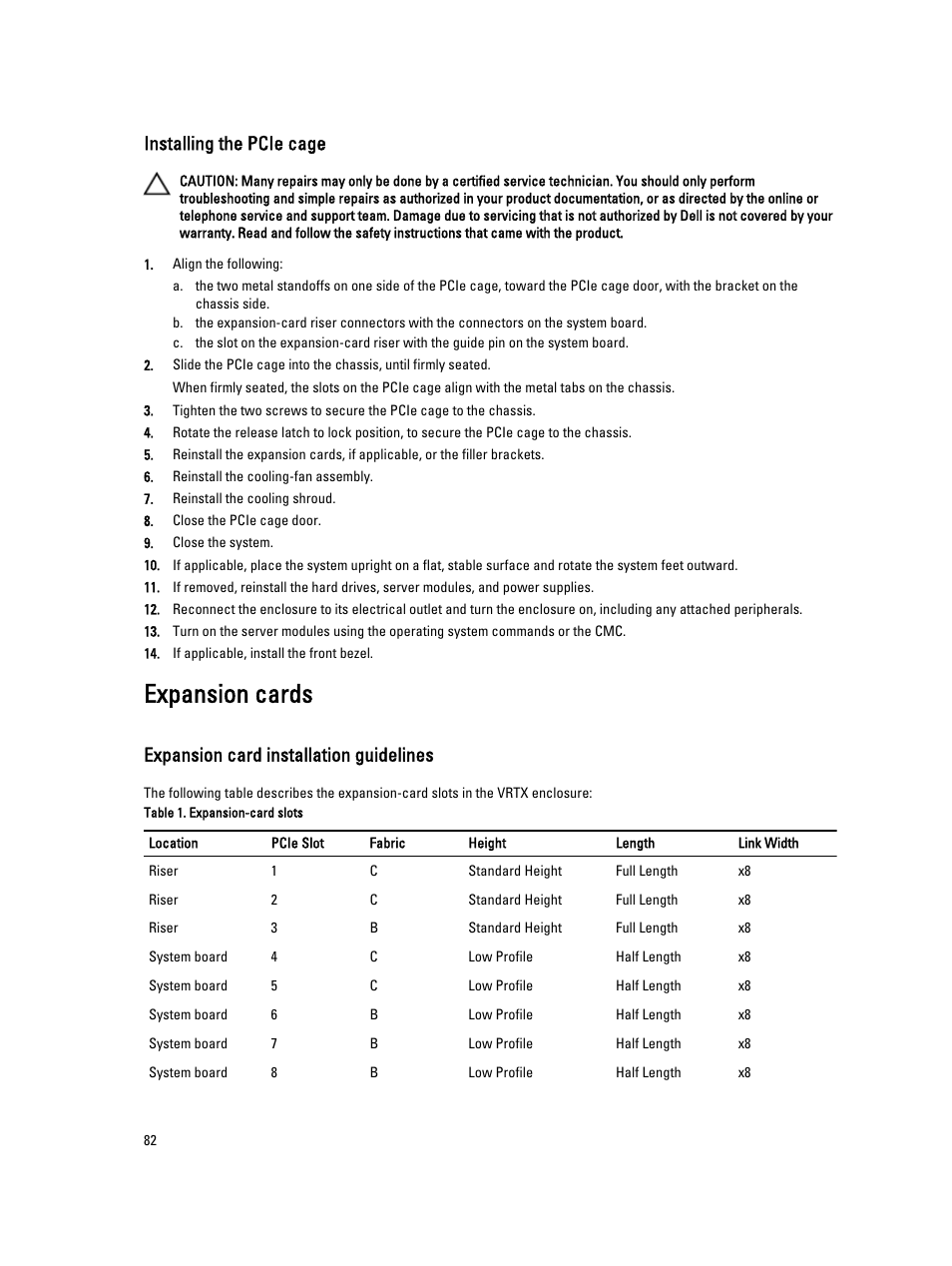 Installing the pcie cage, Expansion cards, Expansion card installation guidelines | Dell PowerEdge VRTX User Manual | Page 82 / 150