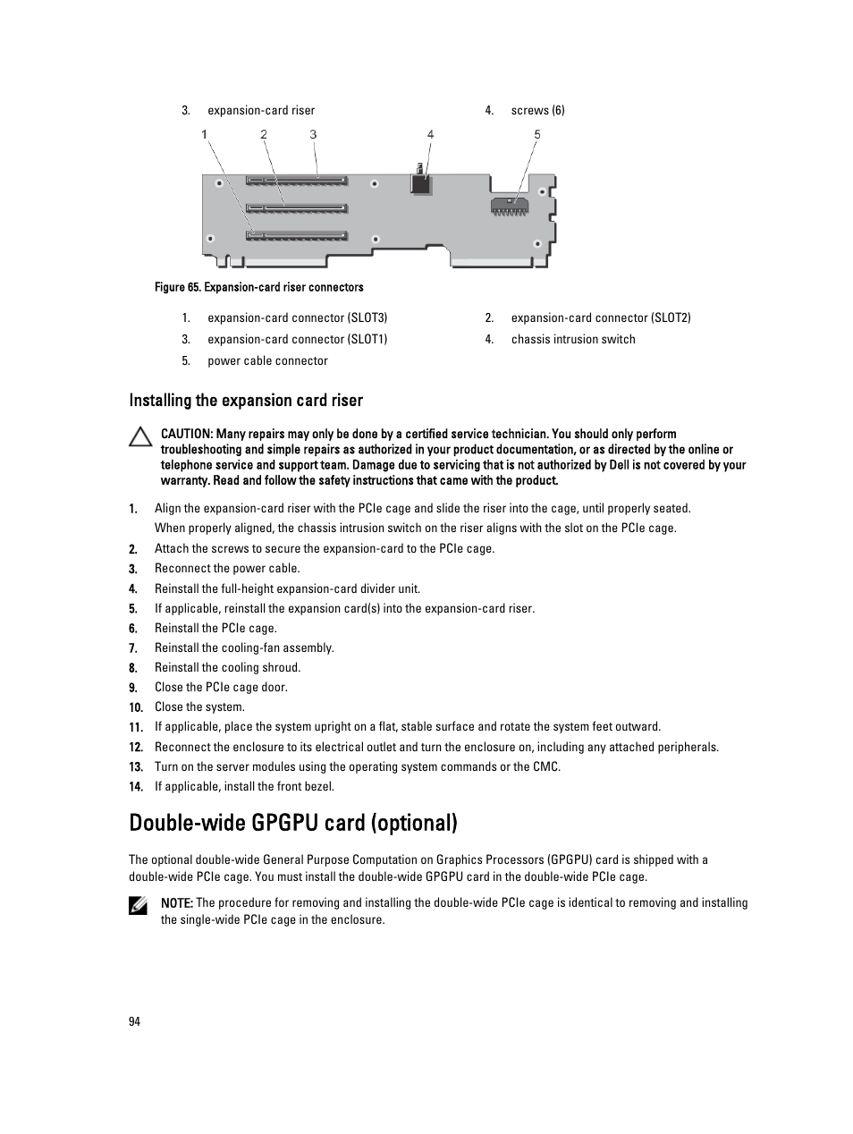 Installing the expansion card riser, Double-wide gpgpu card (optional) | Dell PowerEdge VRTX User Manual | Page 94 / 150