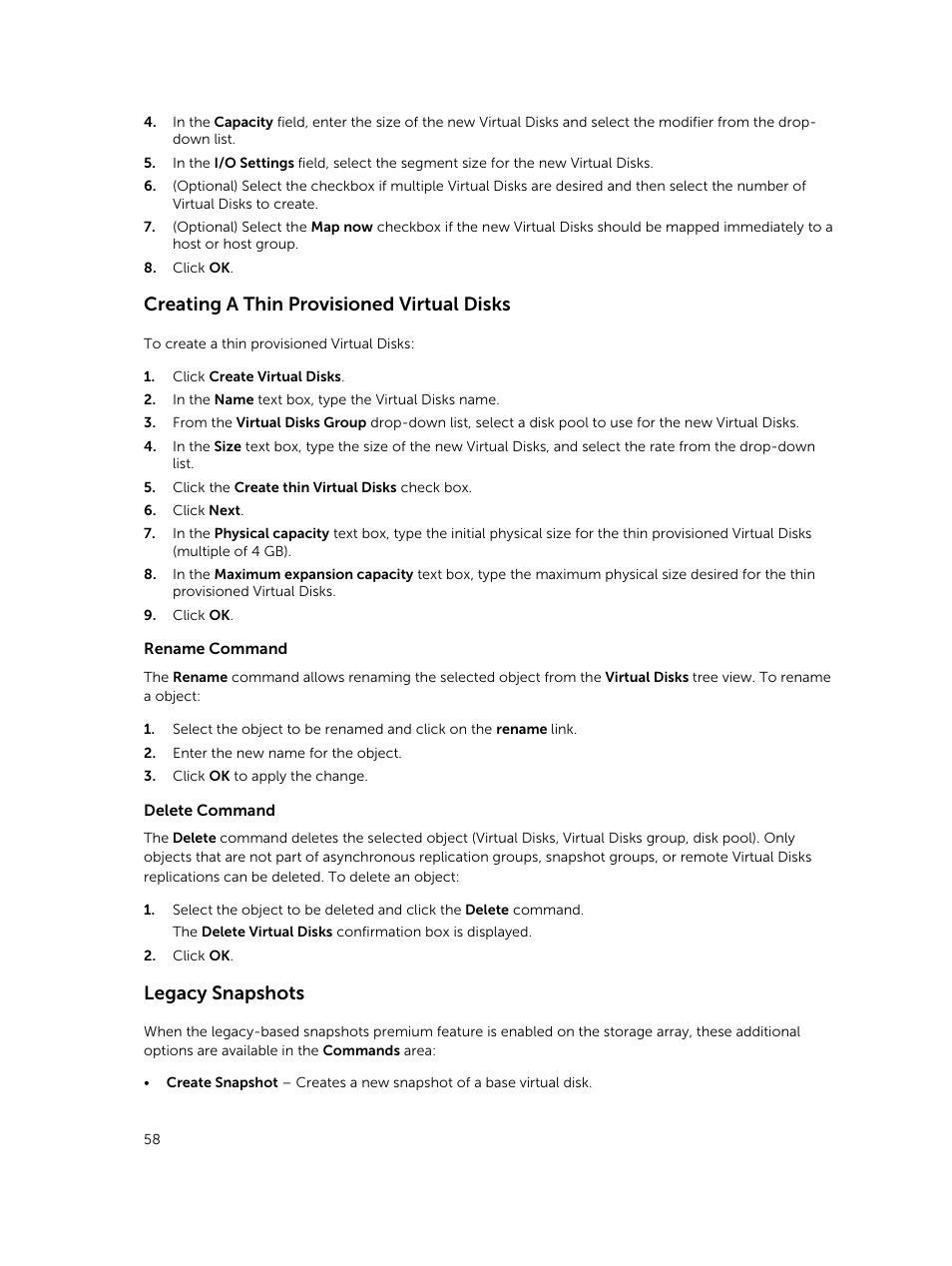 Creating a thin provisioned virtual disks, Legacy snapshots | Dell PowerVault MD3820f User Manual | Page 58 / 88