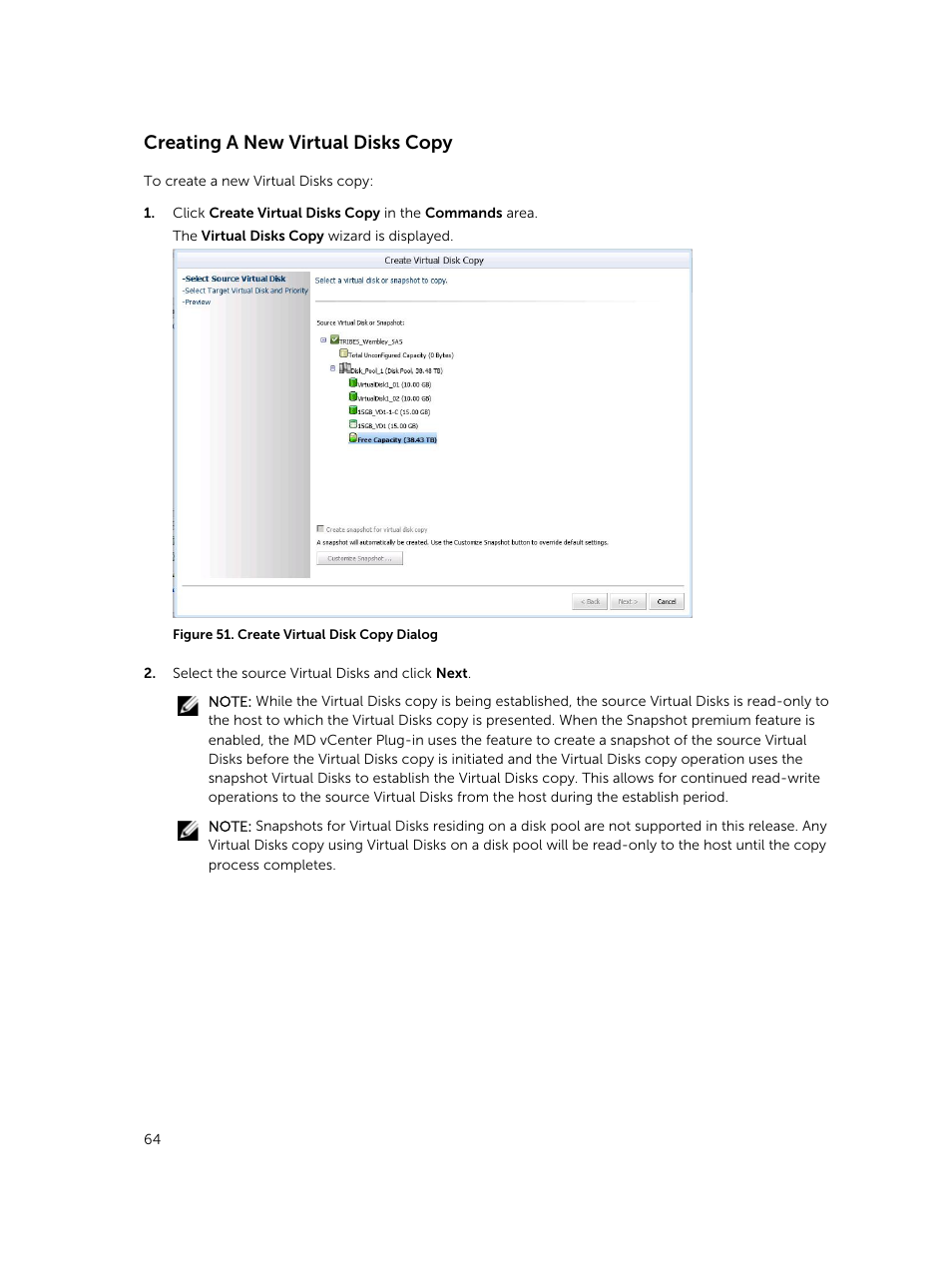 Creating a new virtual disks copy | Dell PowerVault MD3820f User Manual | Page 64 / 88