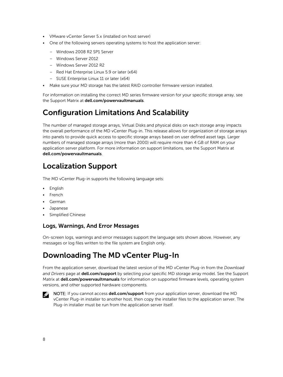 Configuration limitations and scalability, Localization support, Logs, warnings, and error messages | Downloading the md vcenter plug-in | Dell PowerVault MD3820f User Manual | Page 8 / 88