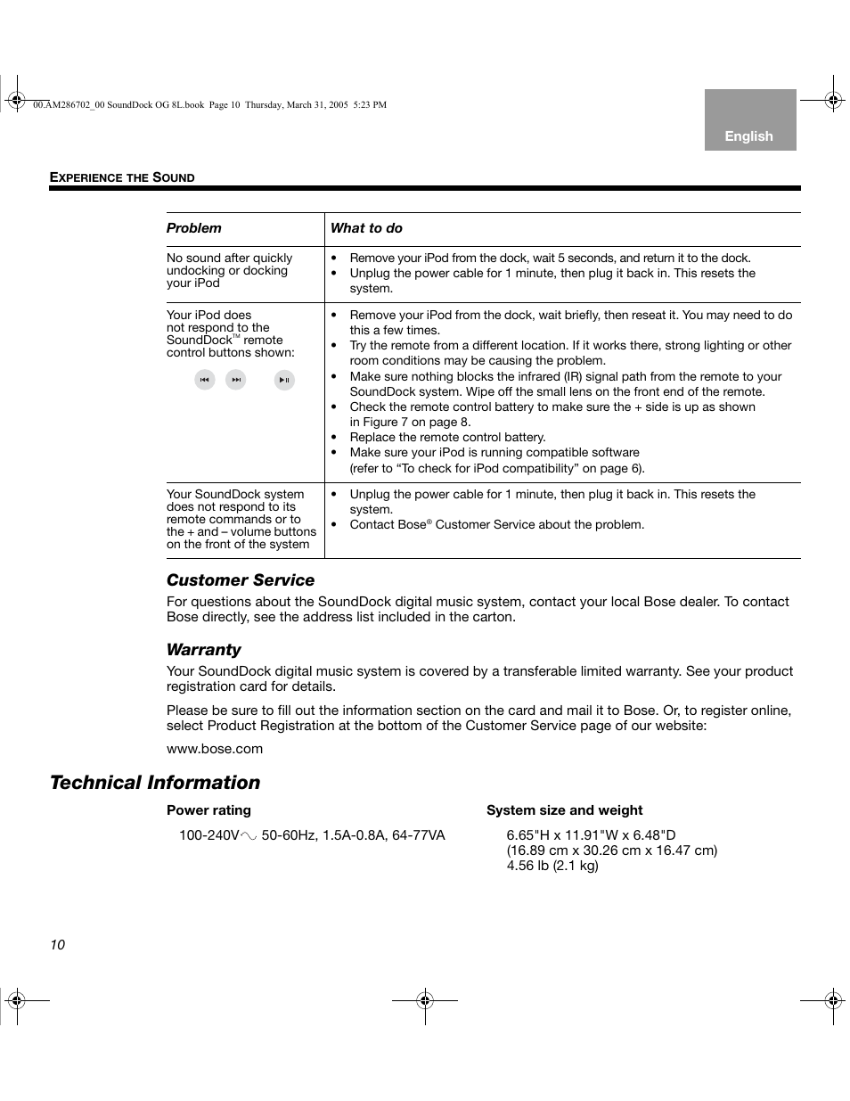 Technical information, Customer service, Warranty | Bose SoundDock User Manual | Page 10 / 72