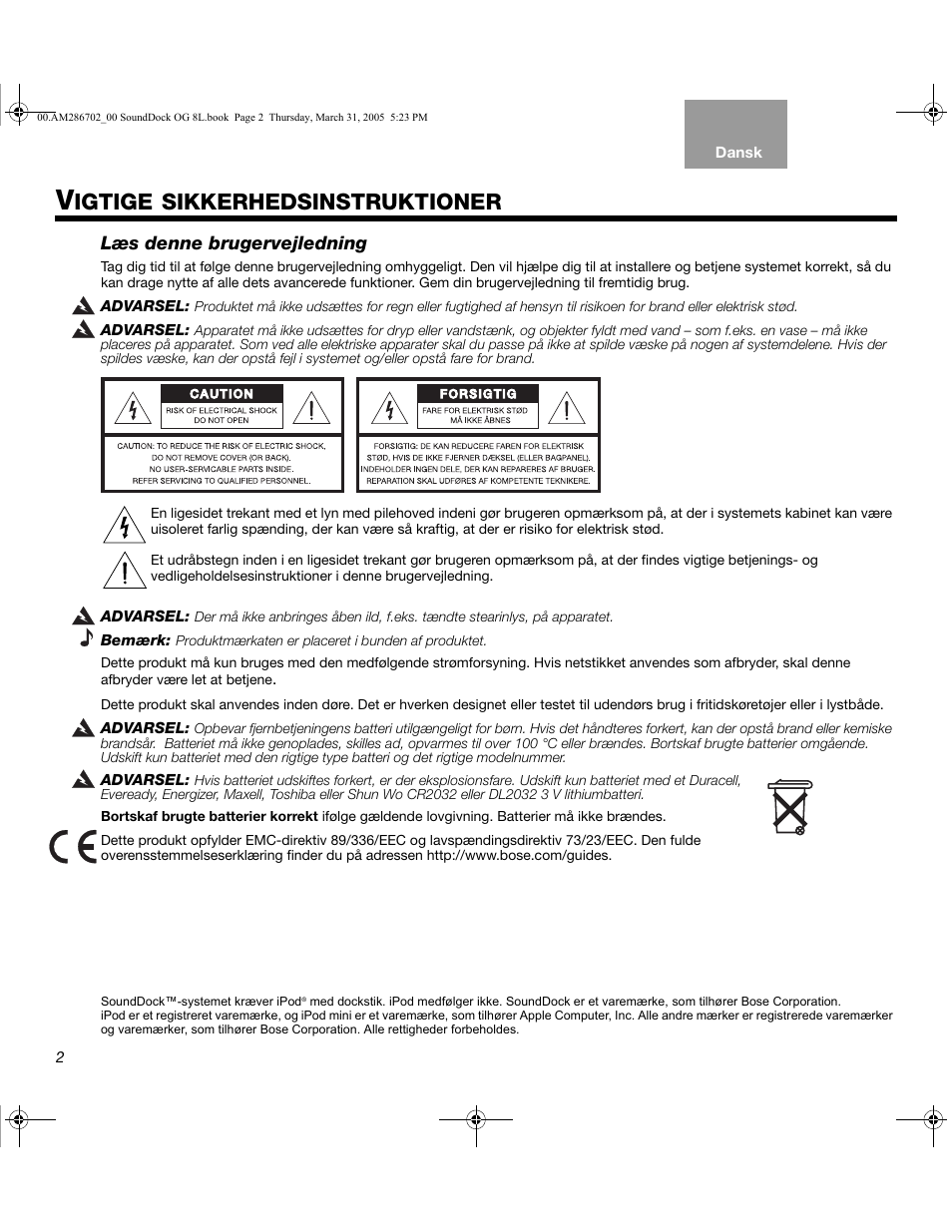 Igtige sikkerhedsinstruktioner, Læs denne brugervejledning | Bose SoundDock User Manual | Page 12 / 72