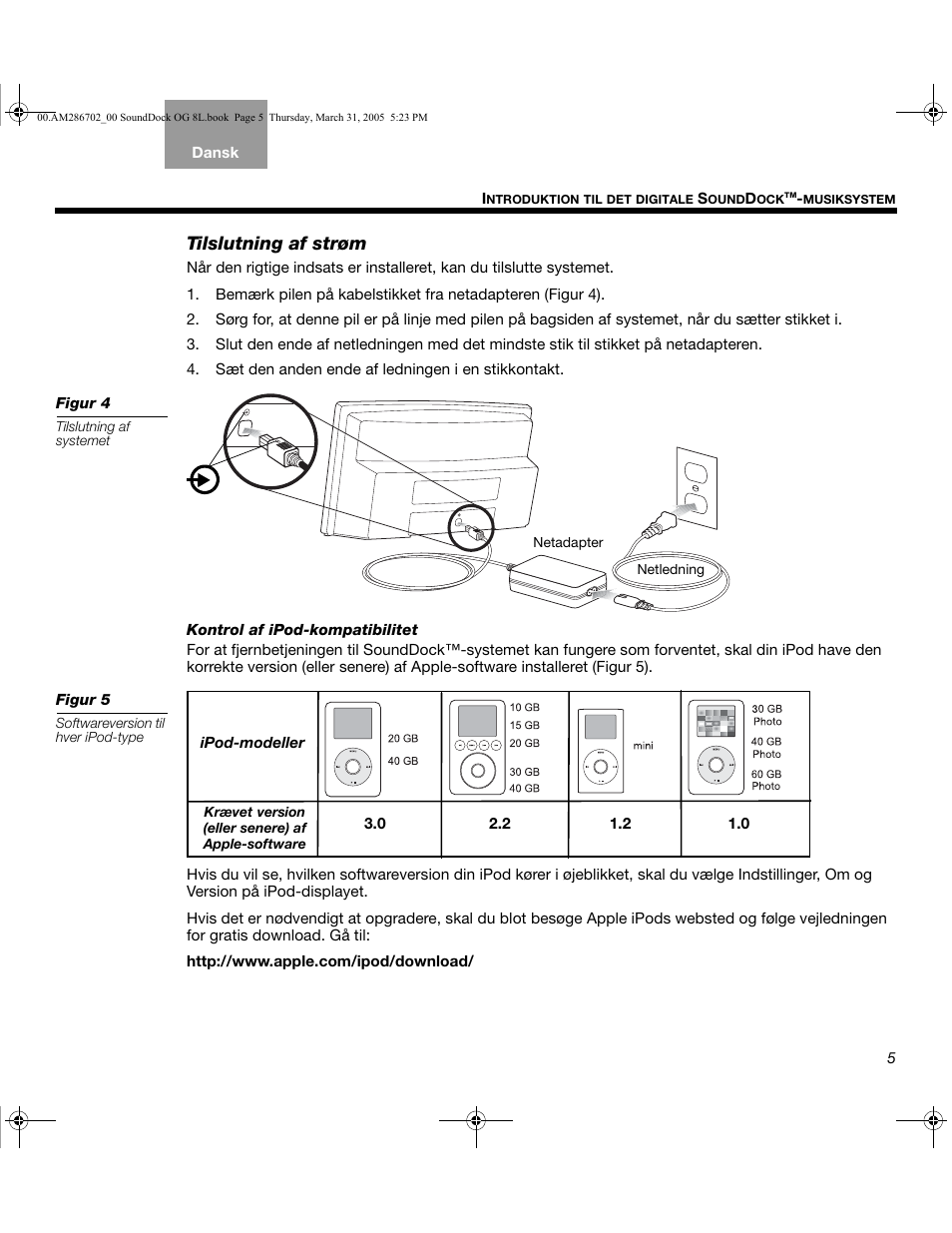 Tilslutning af strøm | Bose SoundDock User Manual | Page 15 / 72