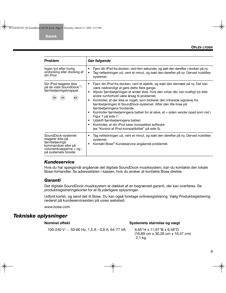 Tekniske oplysninger, Kundeservice, Garanti | Bose SoundDock User Manual | Page 19 / 72
