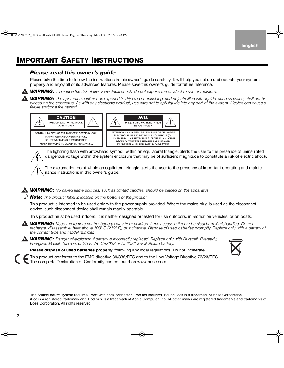 Mportant, Afety, Nstructions | Bose SoundDock User Manual | Page 2 / 72