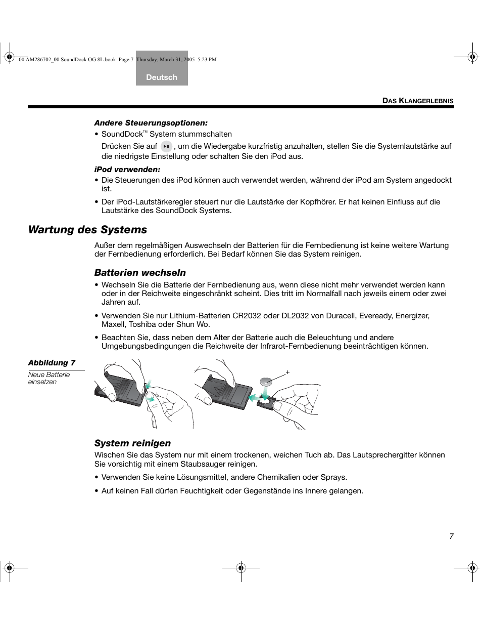 Wartung des systems, Batterien wechseln, System reinigen | Bose SoundDock User Manual | Page 25 / 72