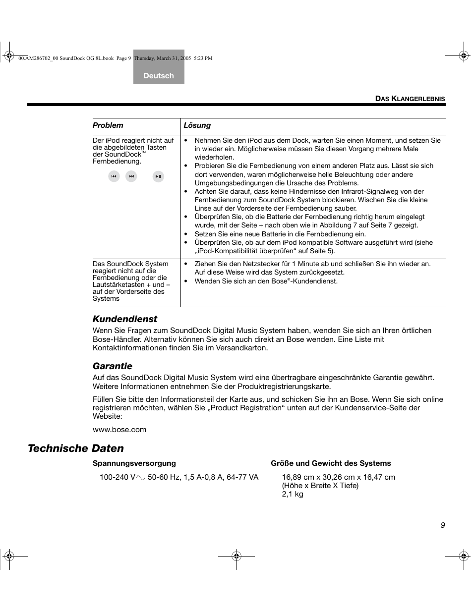 Technische daten, Kundendienst, Garantie | Bose SoundDock User Manual | Page 27 / 72
