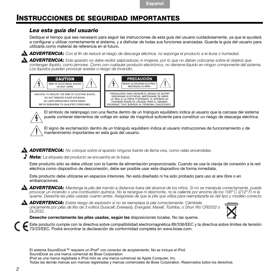 Nstrucciones de seguridad importantes | Bose SoundDock User Manual | Page 28 / 72