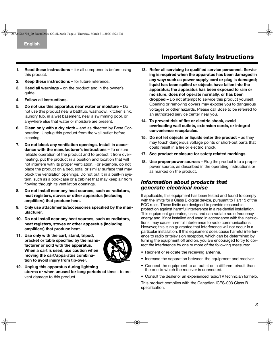 Important safety instructions | Bose SoundDock User Manual | Page 3 / 72