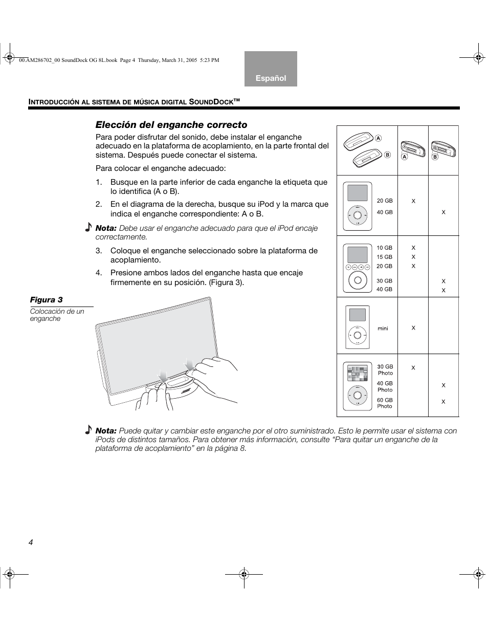 Elección del enganche correcto | Bose SoundDock User Manual | Page 30 / 72