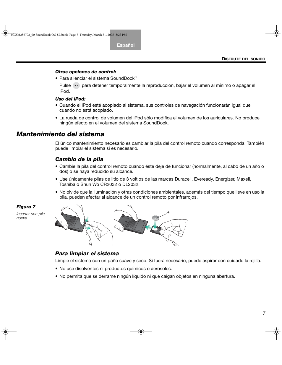 Mantenimiento del sistema, Cambio de la pila, Para limpiar el sistema | Bose SoundDock User Manual | Page 33 / 72