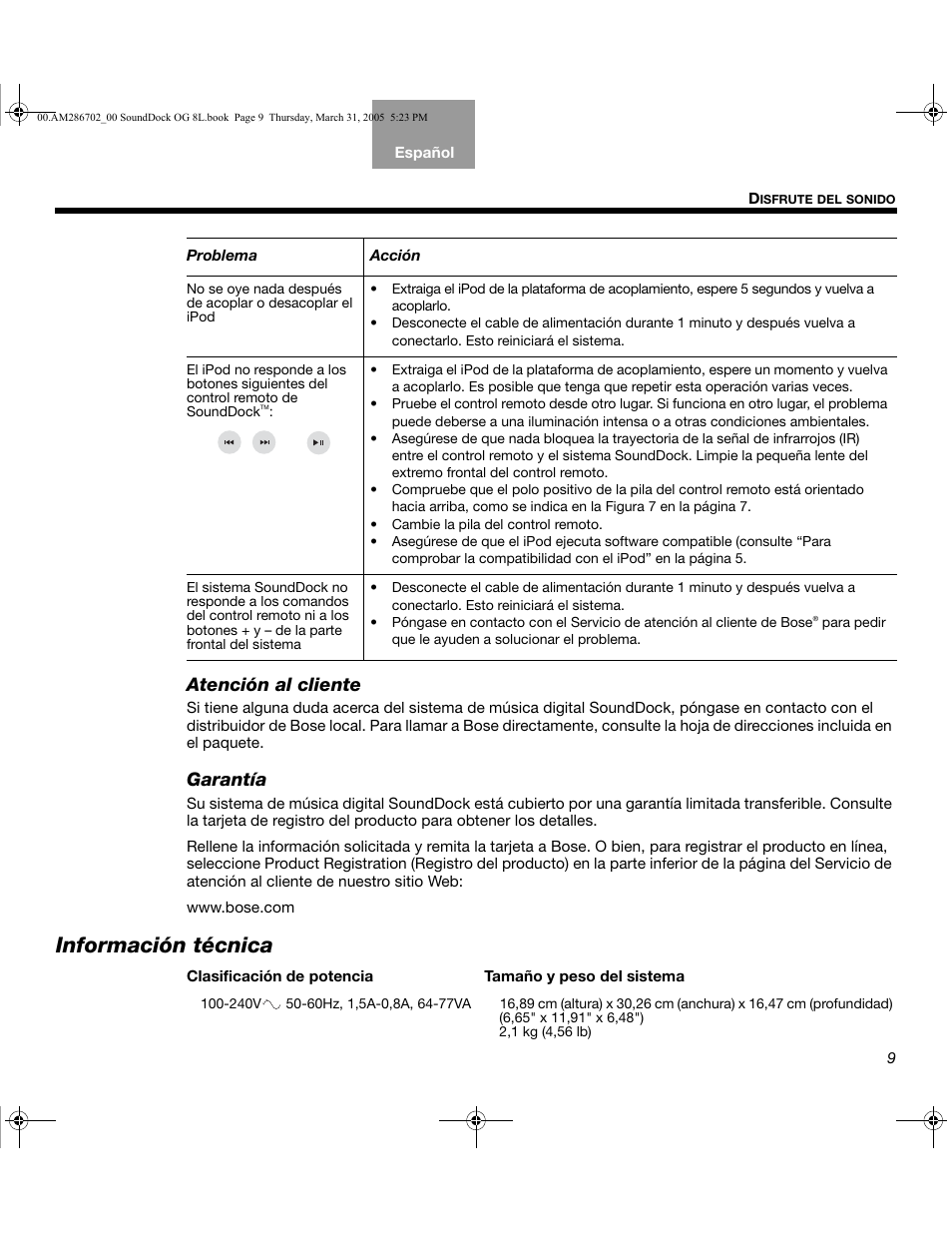 Información técnica, Atención al cliente, Garantía | Bose SoundDock User Manual | Page 35 / 72