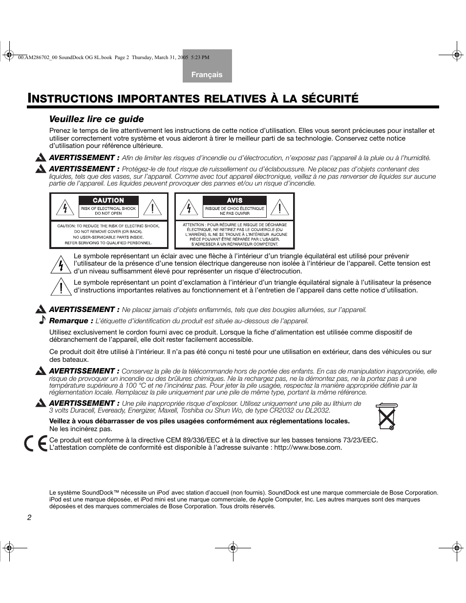 Nstructions importantes relatives à la sécurité, Veuillez lire ce guide | Bose SoundDock User Manual | Page 36 / 72