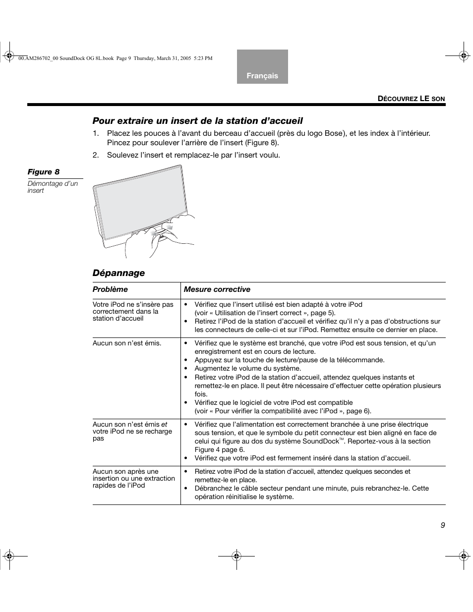 Pour extraire un insert de la station d’accueil, Dépannage | Bose SoundDock User Manual | Page 43 / 72