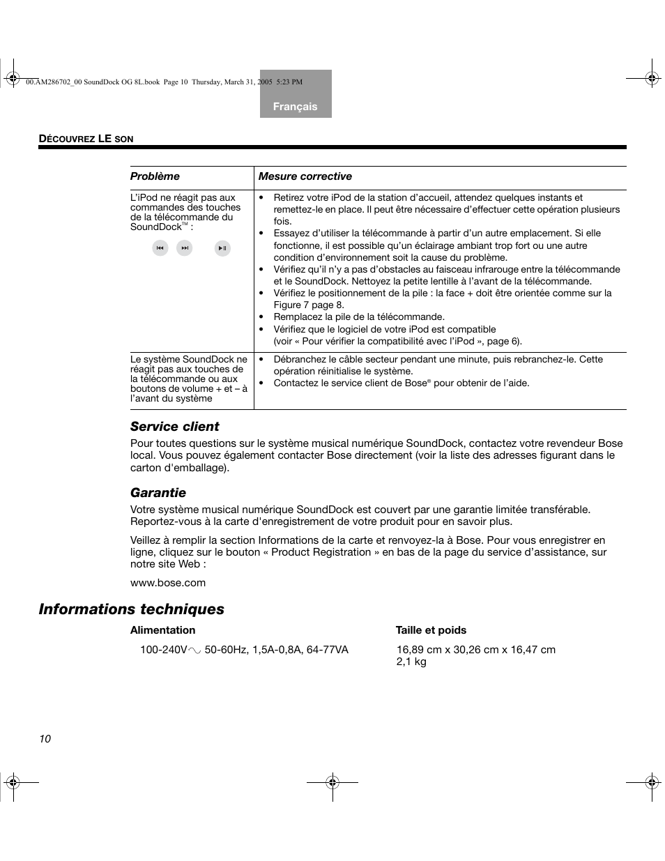 Informations techniques, Service client, Garantie | Bose SoundDock User Manual | Page 44 / 72