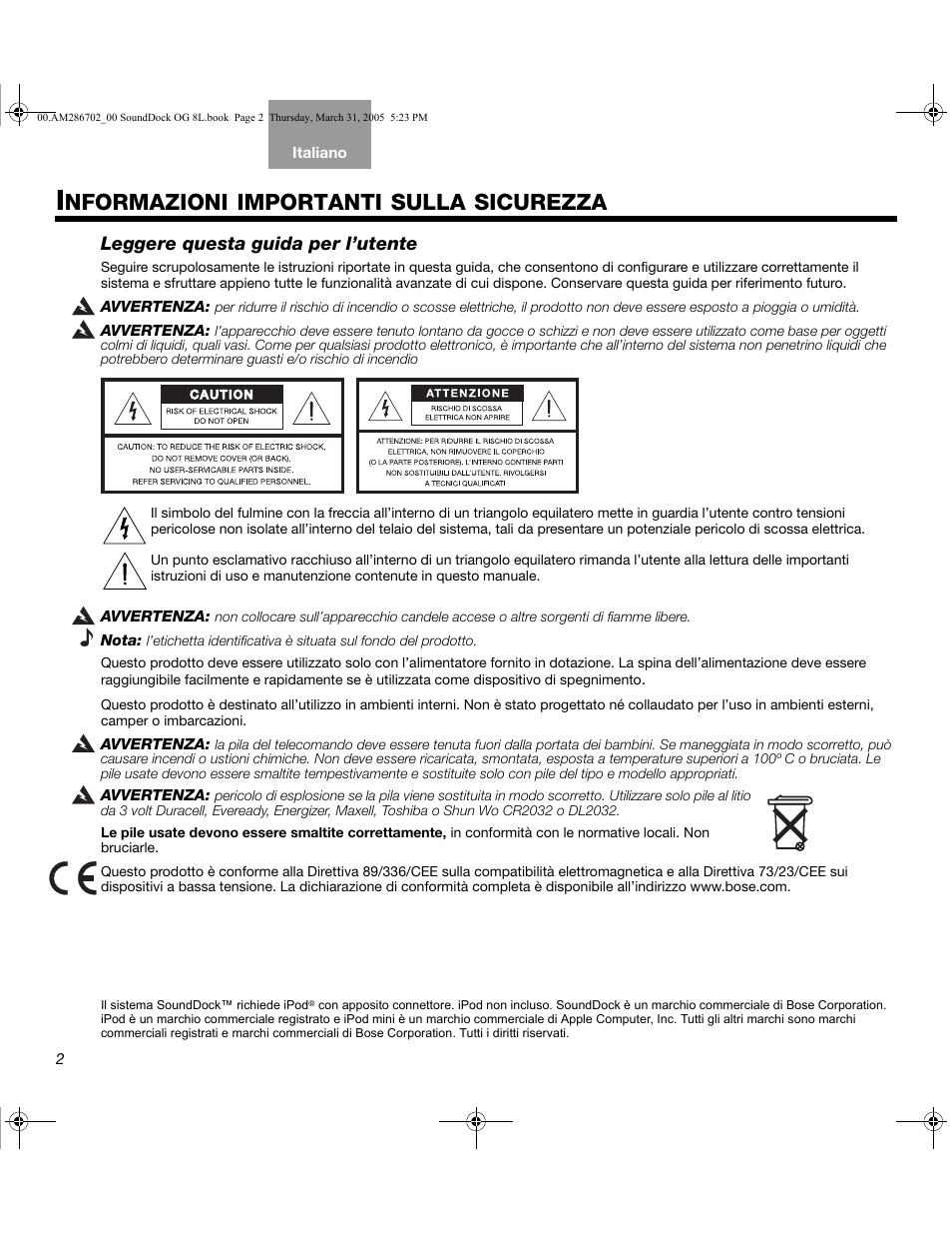 Nformazioni importanti sulla sicurezza | Bose SoundDock User Manual | Page 46 / 72