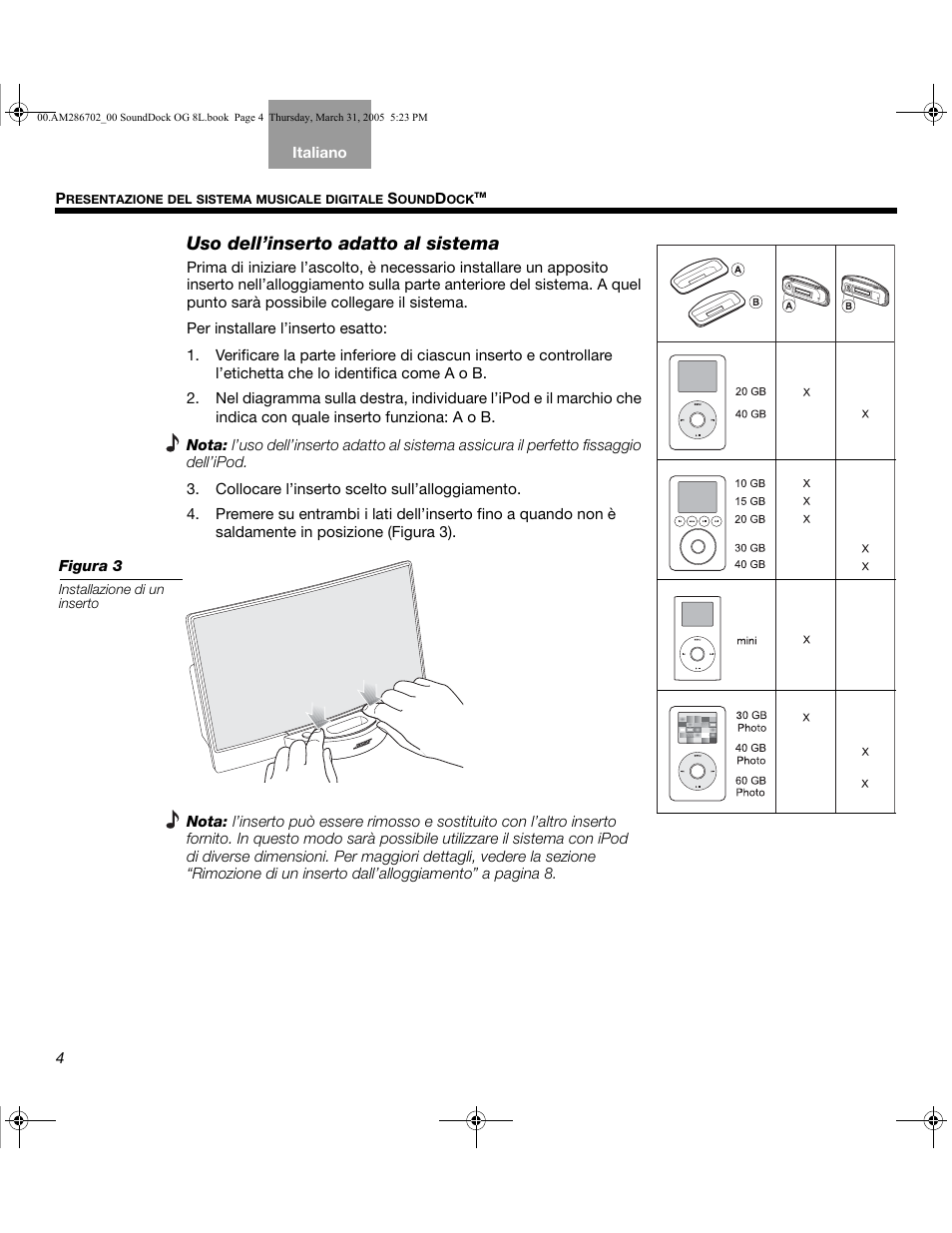 Uso dell’inserto adatto al sistema | Bose SoundDock User Manual | Page 48 / 72