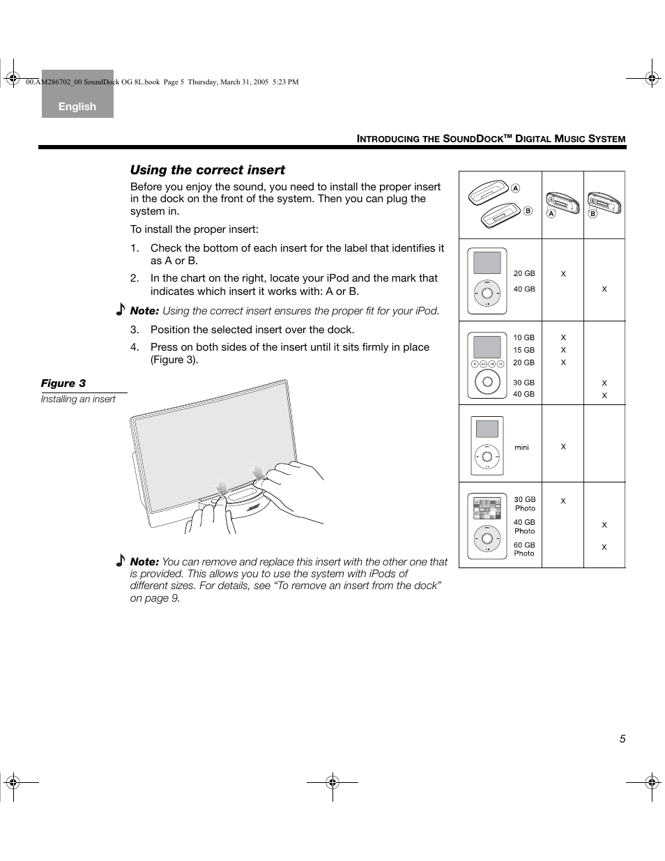 Using the correct insert | Bose SoundDock User Manual | Page 5 / 72