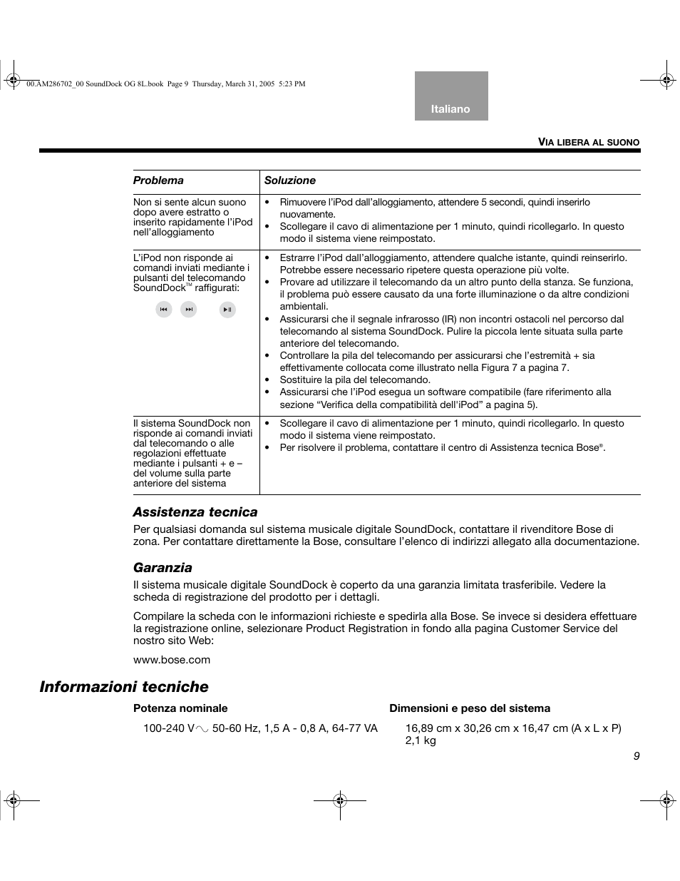 Informazioni tecniche, Assistenza tecnica, Garanzia | Bose SoundDock User Manual | Page 53 / 72