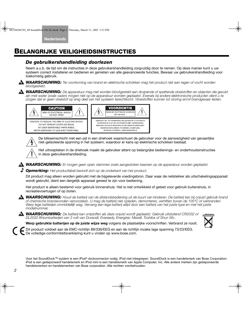 Elangrijke veiligheidsinstructies, De gebruikershandleiding doorlezen | Bose SoundDock User Manual | Page 54 / 72